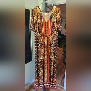 V-Neck Paisley Maxi Dress in Orange and Brown Hanni Women's Boho Dress XXL